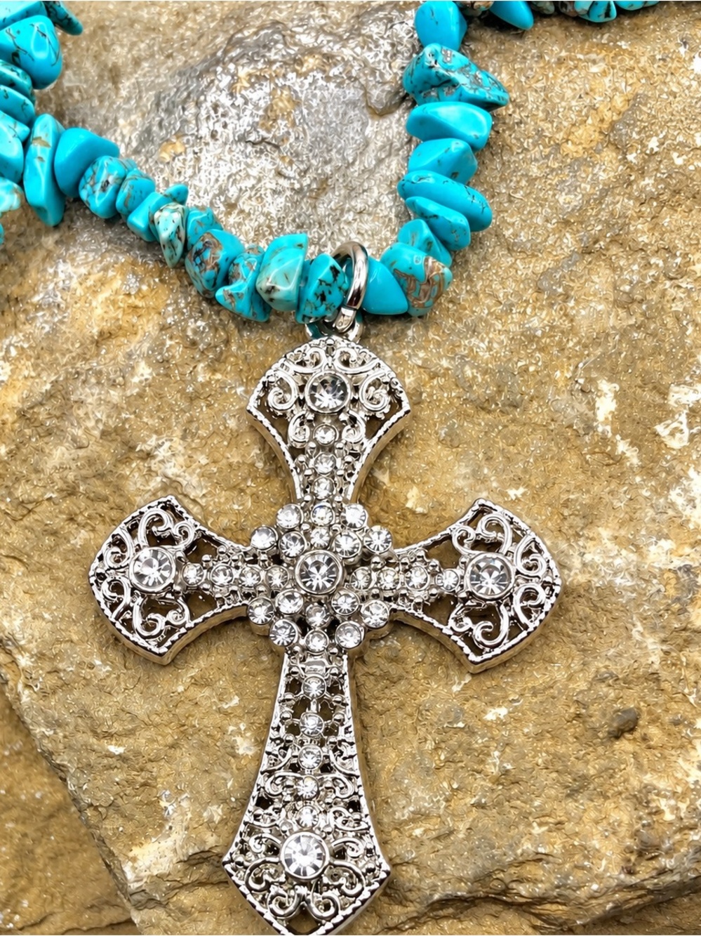 Turquoise Beaded Necklace with Silver Crystal Cross Pendant